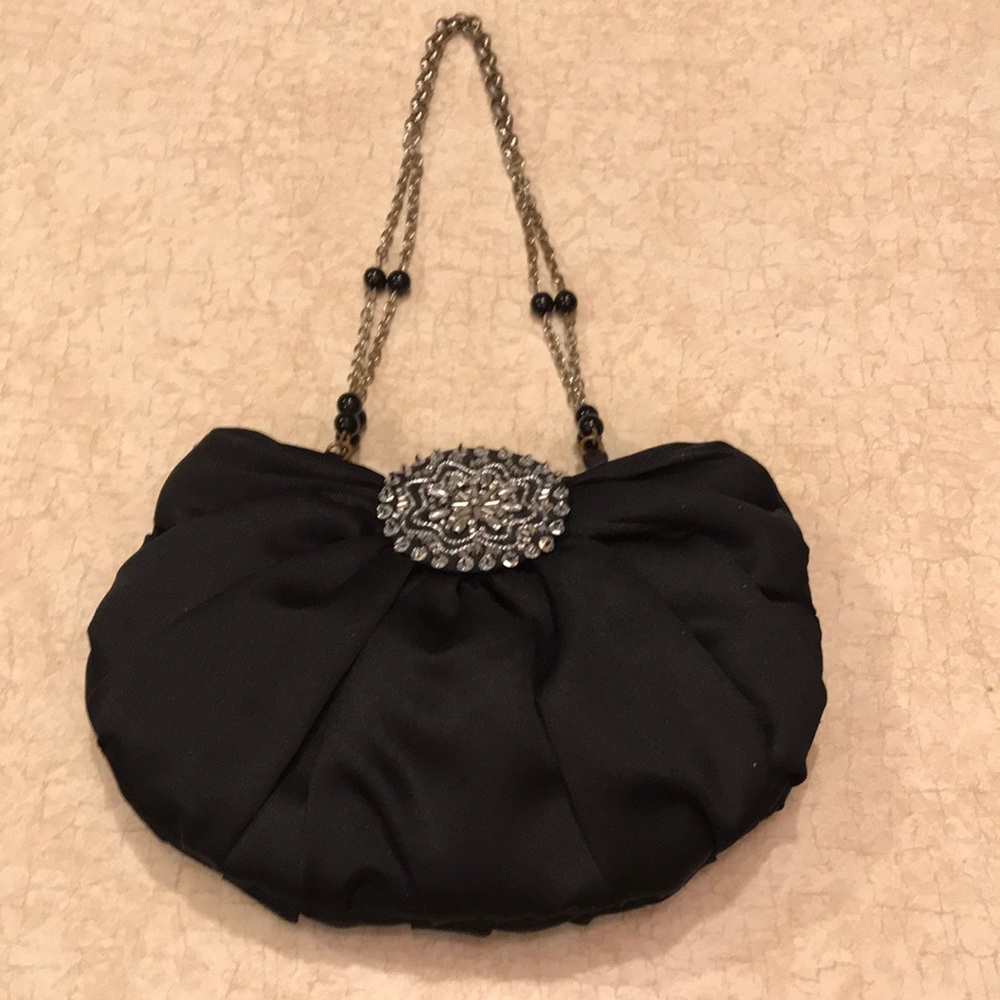 Vintage NYTLITES Black Satin Evening Clutch with Decorative Brooch